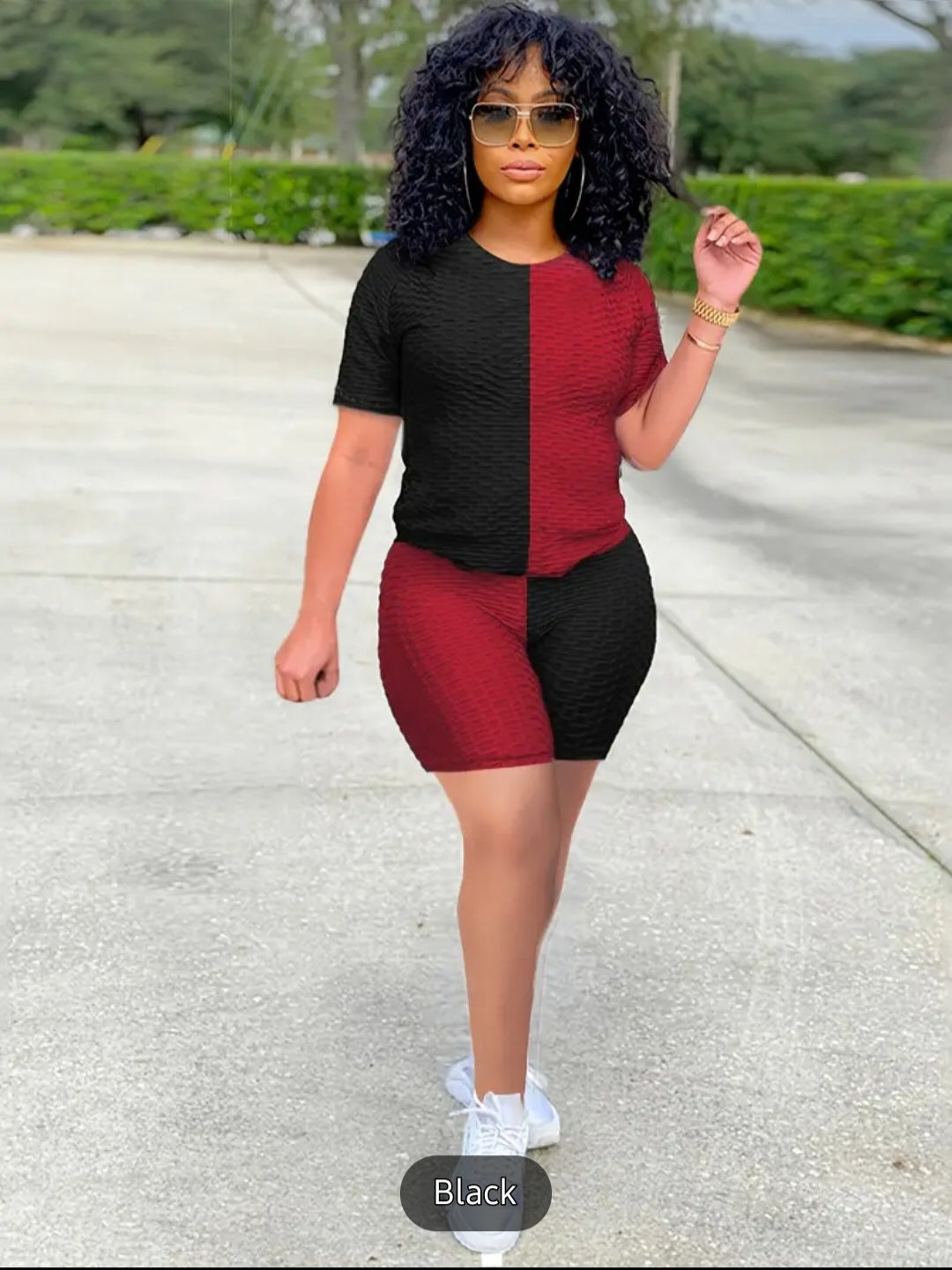 Casual Color Block Two-piece Set, Short Sleeve Honeycomb Top & Skinny Stretchy Shorts Outfits, Women&
