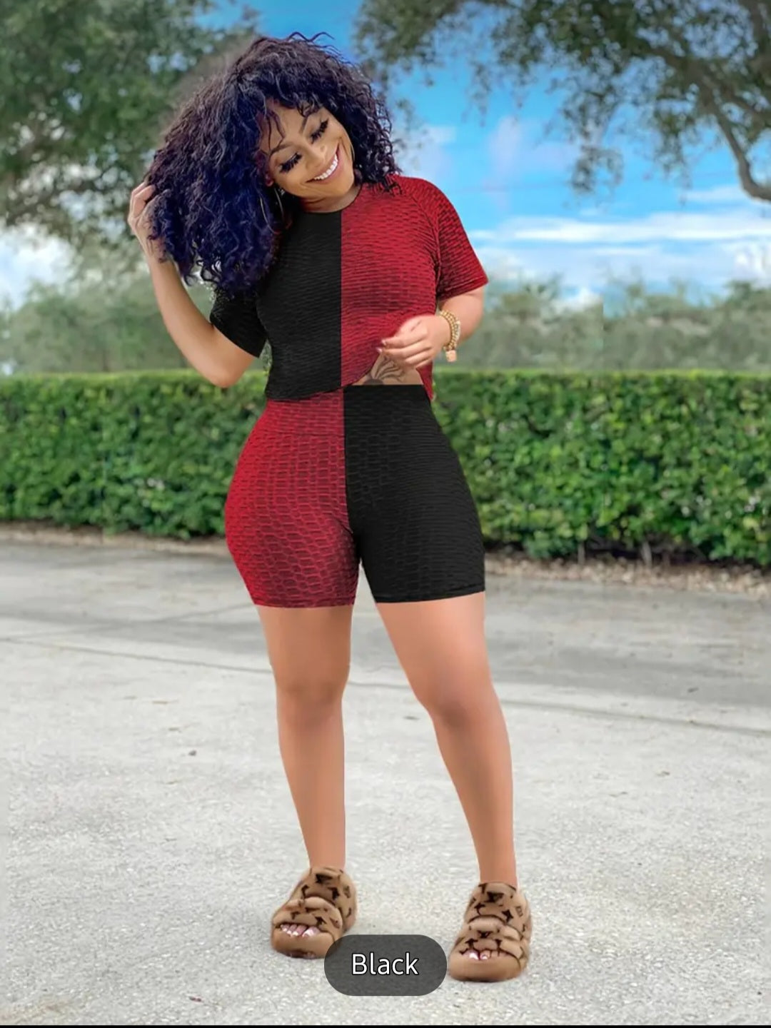 Casual Color Block Two-piece Set, Short Sleeve Honeycomb Top & Skinny Stretchy Shorts Outfits, Women&