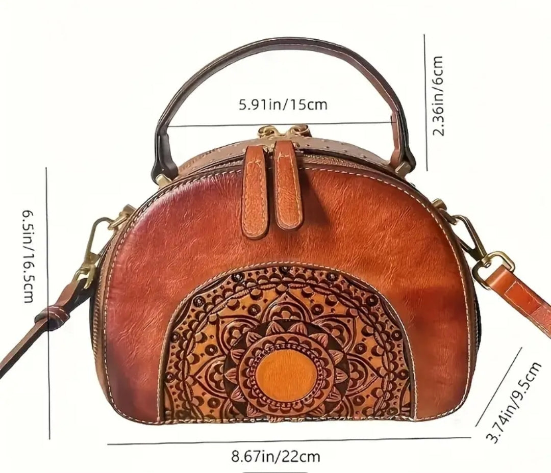 Retro Floral Embossed Crossbody Bag, Vintage Leather Dome Purse