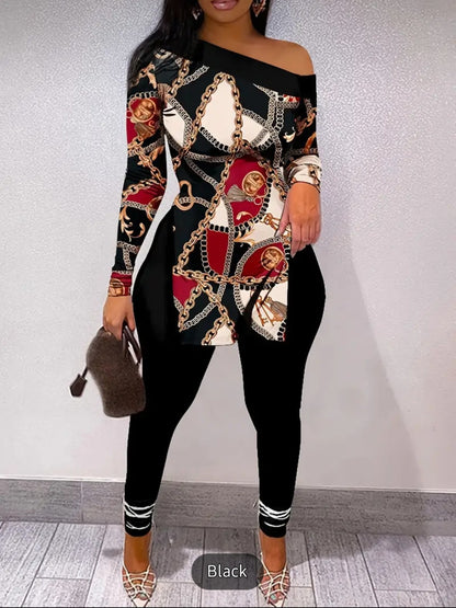Chain Print 2pcs Set, Long Sleeve Split, Women&