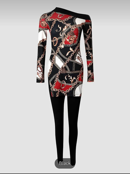 Chain Print 2pcs Set, Long Sleeve Split, Women&
