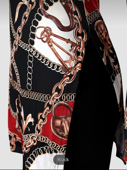 Chain Print 2pcs Set, Long Sleeve Split, Women&