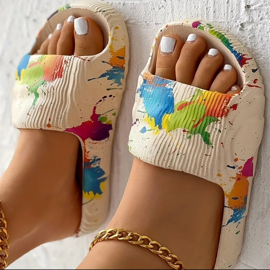 Open Toe Pillow Slippers, Colorful Thick Soled Platform Slides, Casual Pool Bathroom Summer Slippers, Women&