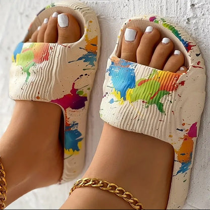 Open Toe Pillow Slippers, Colorful Thick Soled Platform Slides, Casual Pool Bathroom Summer Slippers, Women&