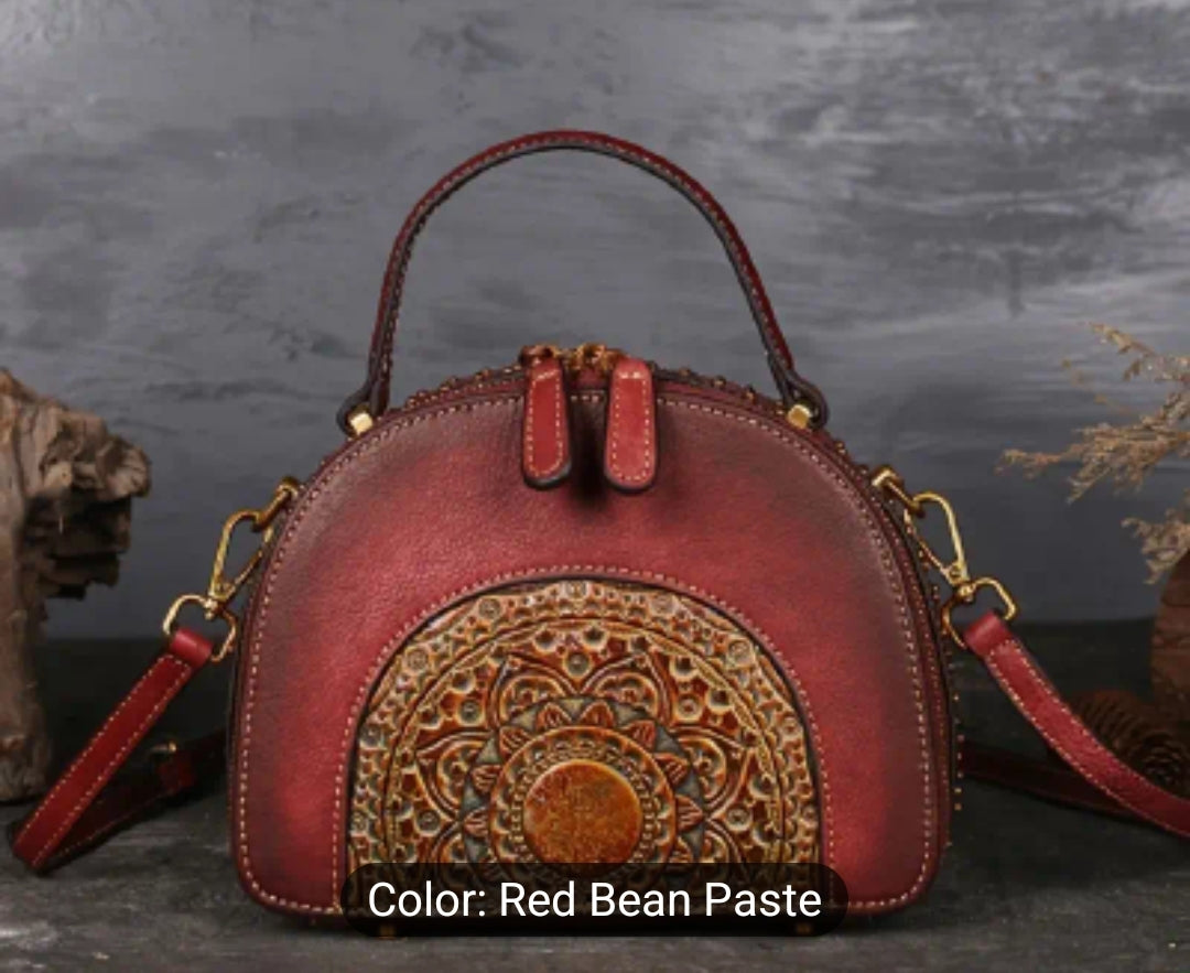 Retro Floral Embossed Crossbody Bag, Vintage Leather Dome Purse